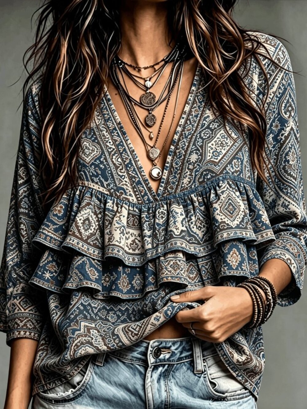 Royal Blue Casual Sexy Women's Ruffle Tiered Deep V Neck Shirt Top
